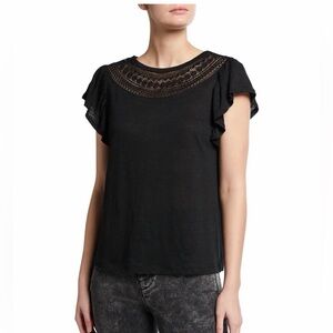 PAIGE Lumina Linen Flutter-Sleeve Tee with Lace Black Size XS